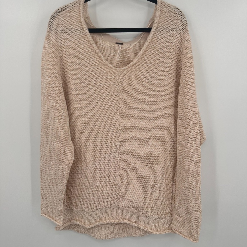 Free People Beige Marled Oversized V-Neck Chunky Knit Sweater Small Slouchy Boho